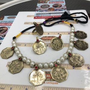 Vintage Coins and Pearls Beads Jewelry Set, Coins Necklace With Earrings